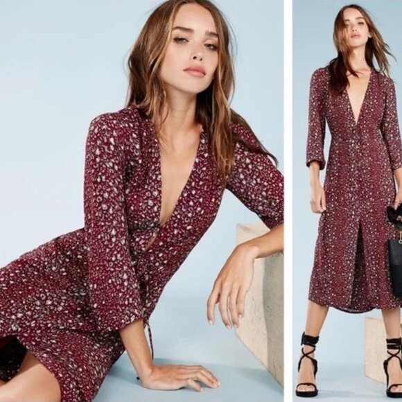 Reformation Bree Animal Print Burgundy Red Midi Dress (XS) - Picture 5 of 12